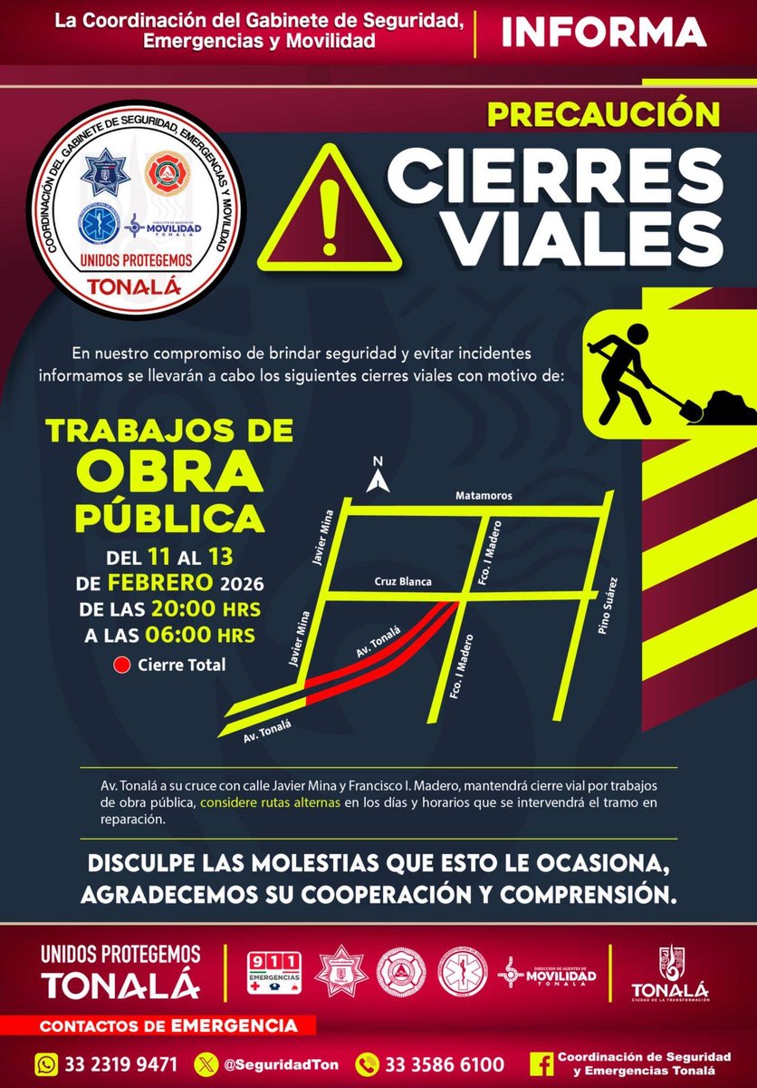 📷Cierres Viales📷
#Entérate
#TómaloEnCuenta
#UnidosProtegemosTonalá