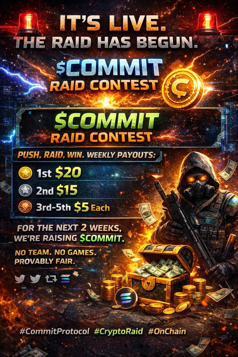 🚨 IT’S LIVE. THE RAID HAS BEGUN. 🚨
The $COMMIT RAID CONTEST is officially active.
This is not for spectators.
This is for raiders. ⚔️

For the next 2 WEEKS, we’re pushing Commit Protocol — the provably fair, on-chain commit-reveal system built different. No team games. No