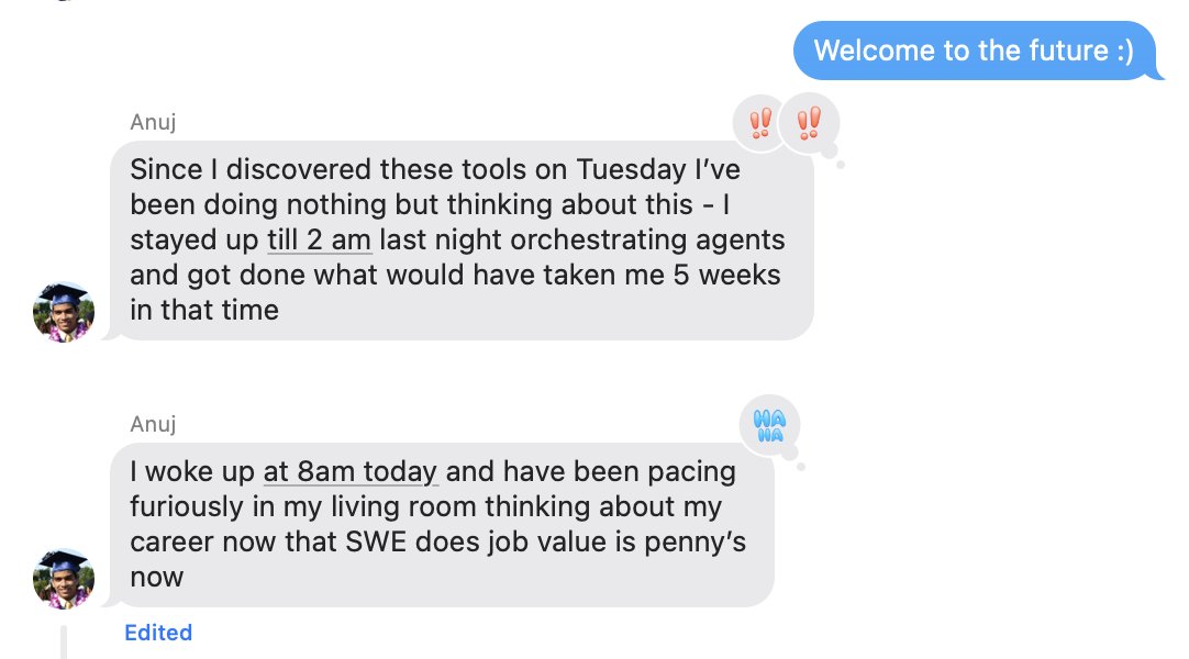 Appropriate reaction from my brother, a Senior SWE at Meta, who just got access to frontier AI coding tools.

If you’ve used them every day for the last few years, progress might feel more gradual.

If you go from nothing →  Codex / Cursor / Claude Code overnight… that jump