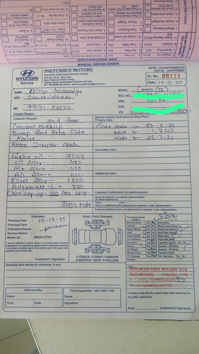 vrushankzk's tweet photo. @volklub Creta diesel automatic, 2nd service, 4 month old car at time of service, 10k kilometers, approx 7k service cost, note:- showroom guy told me to not change all the filters but i intentionally changed all the filters, i also asked for fully synthetic oil but they were out of stock. https://t.co/3XaNPEMBIF