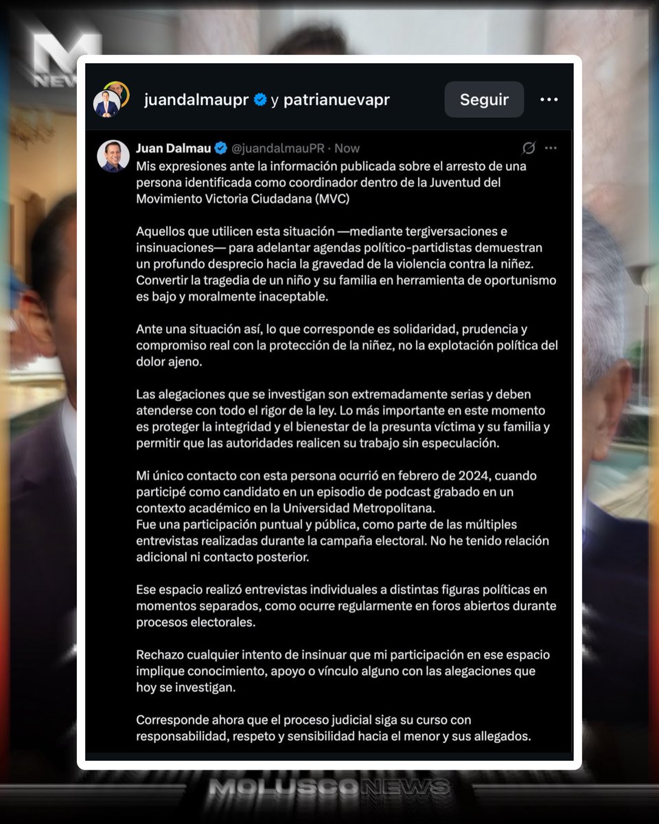 El presidente del Partido Independentista Puertorriqueño, Juan Dalmau calificó de “profundo desprecio por la gravedad del asunto”, la publicación de Thomas Rivera Schatz, donde lo vínculo a él y a otros líderes con Jahdiel Andrés Cedeño Gómez, arrestado por hacer acercamientos