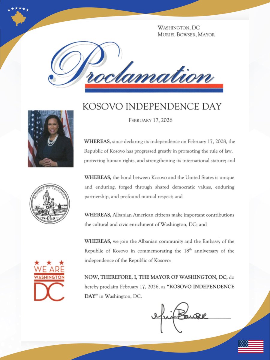 Thank you <a href="/MayorBowser/">Mayor Muriel Bowser</a> for officially recognizing February 17 as Kosova’s Independence Day in Washington, D.C. 🇽🇰🇺🇸