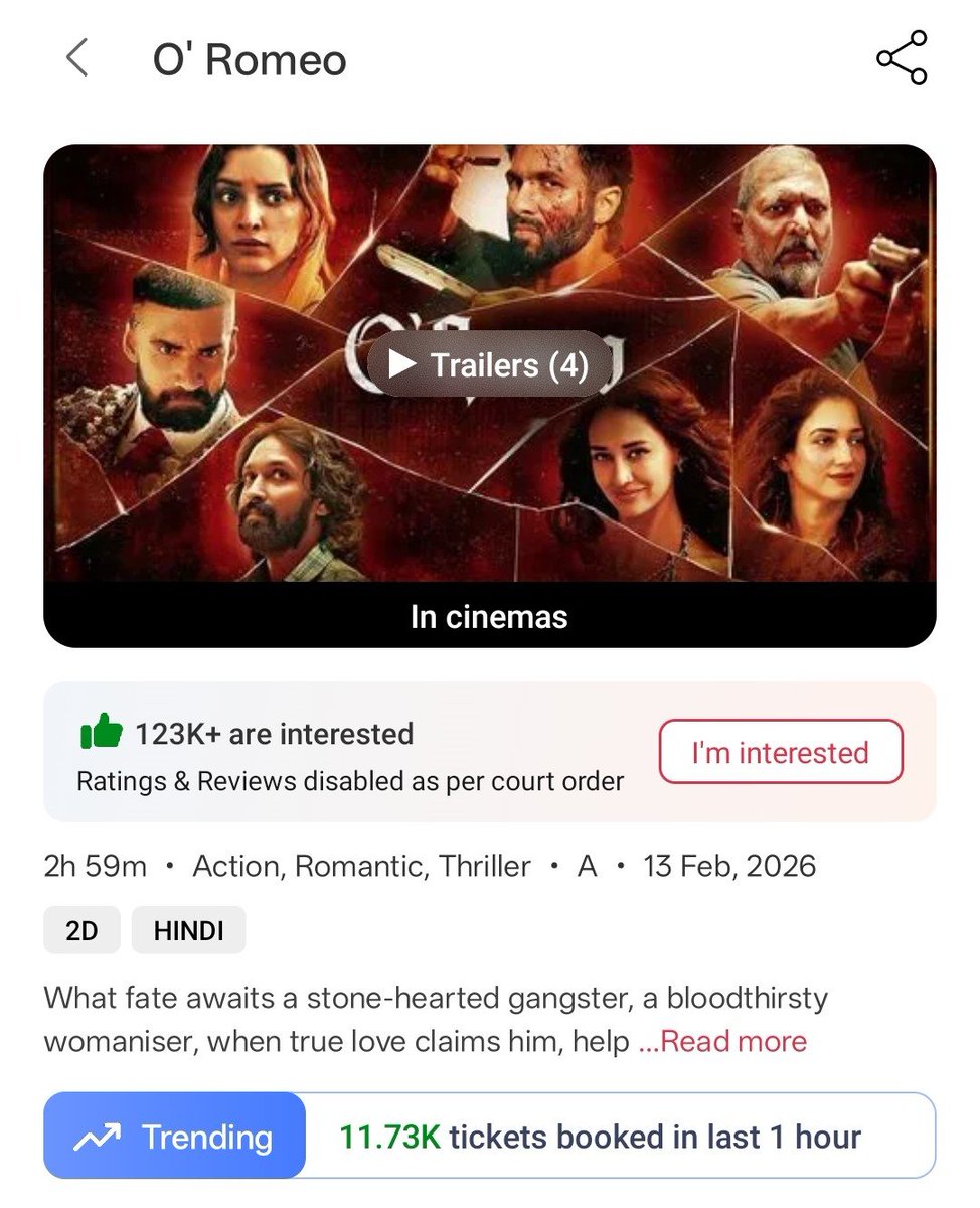 #ORomeo is maintaining a strong hold at the box office, running with solid occupancy in cinemas across the country today. Around 11K tickets are being booked every hour throughout the day. Compared to its opening day, the film is showing over 50% growth in collections.

It is