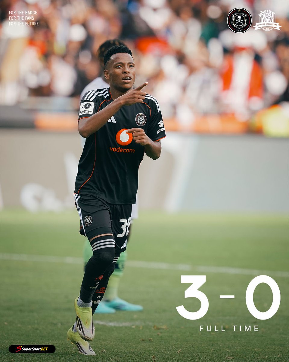 ☠️ FT | <a href="/orlandopirates/">Orlando Pirates</a> 3 - 0 <a href="/_Marumogallants/">MARUMO GALLANTS FC</a> 

🥅 Mbuthuma 4', Maswanganyi 29', Mofokeng 85'

⚫⚪🔴⭐
#MatchDay
#OrlandoPirates
#OnceAlways