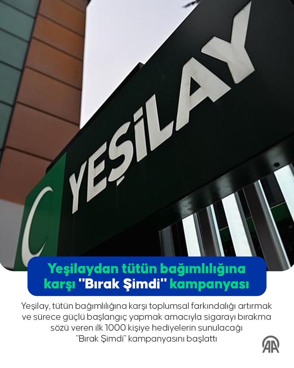 anadoluajansi's tweet photo. Yeşilay, tütün bağımlılığına karşı "Bırak Şimdi" kampanyasını başlattı

▪️ Sigarayı bırakma sözü veren ilk 1000 kişiye hediyelerin sunulacağı kampanya için başvurular bugün 14.14'te başladı

▪️ Son başvuru tarihi 18 Şubat Çarşamba olarak belirlendi

📌 Yeşilayın sosyal medya hesaplarında paylaşılan bağlantı üzerinden anketi doldurarak sigarayı bırakacağını beyan eden ilk 1000 kişi kampanyadan yararlanabilecek

https://t.co/32i0A5RpDz