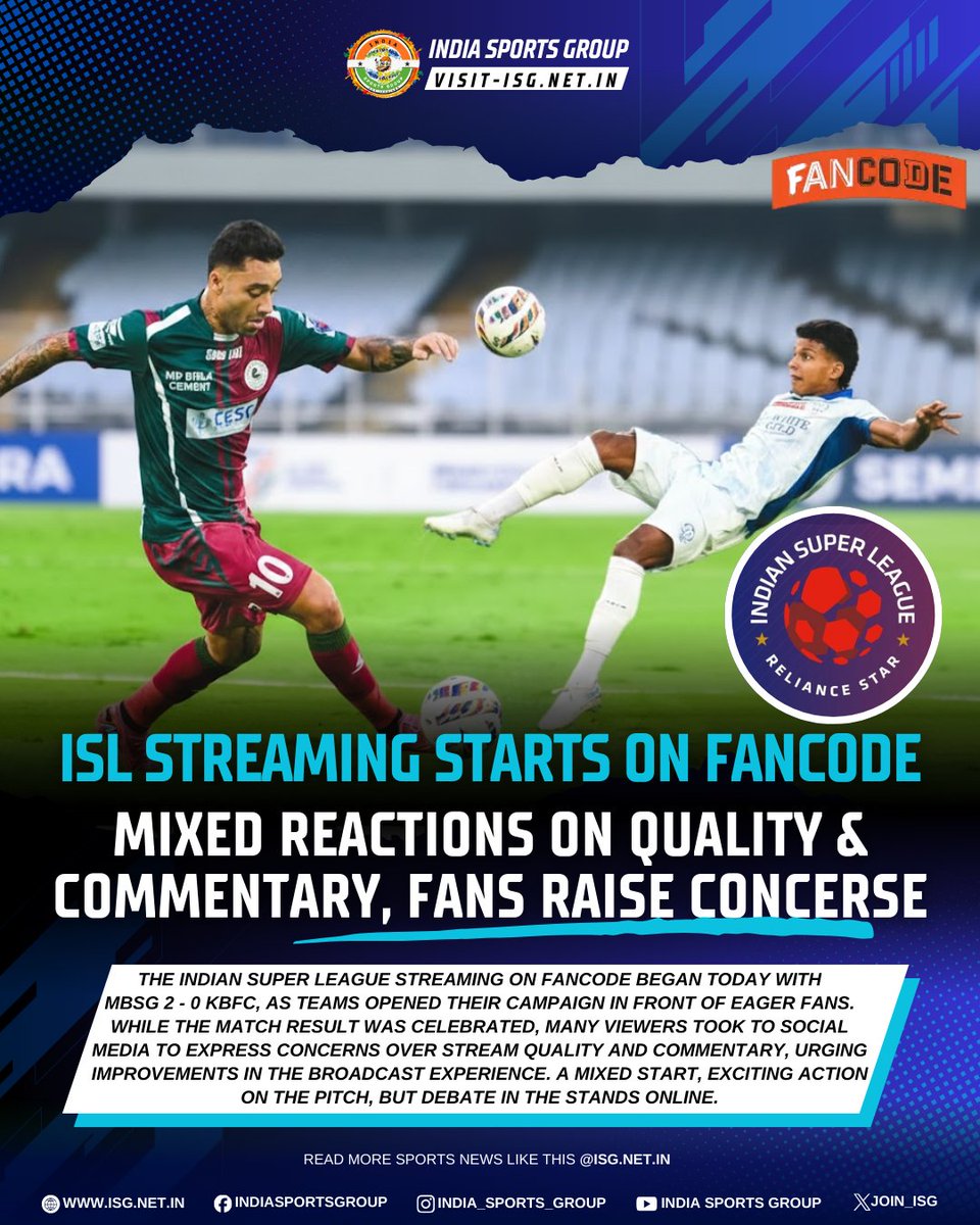 join_isg's tweet photo. @IndSuperLeague live streaming started on @FanCode today ⚽

Opening result: @mohunbagansg  beat @KeralaBlasters  [2 - 0]

Fans, however, raised concerns over stream quality &amp; commentary on social media.

#ISL #FanCode https://t.co/7tPiHvjxv7