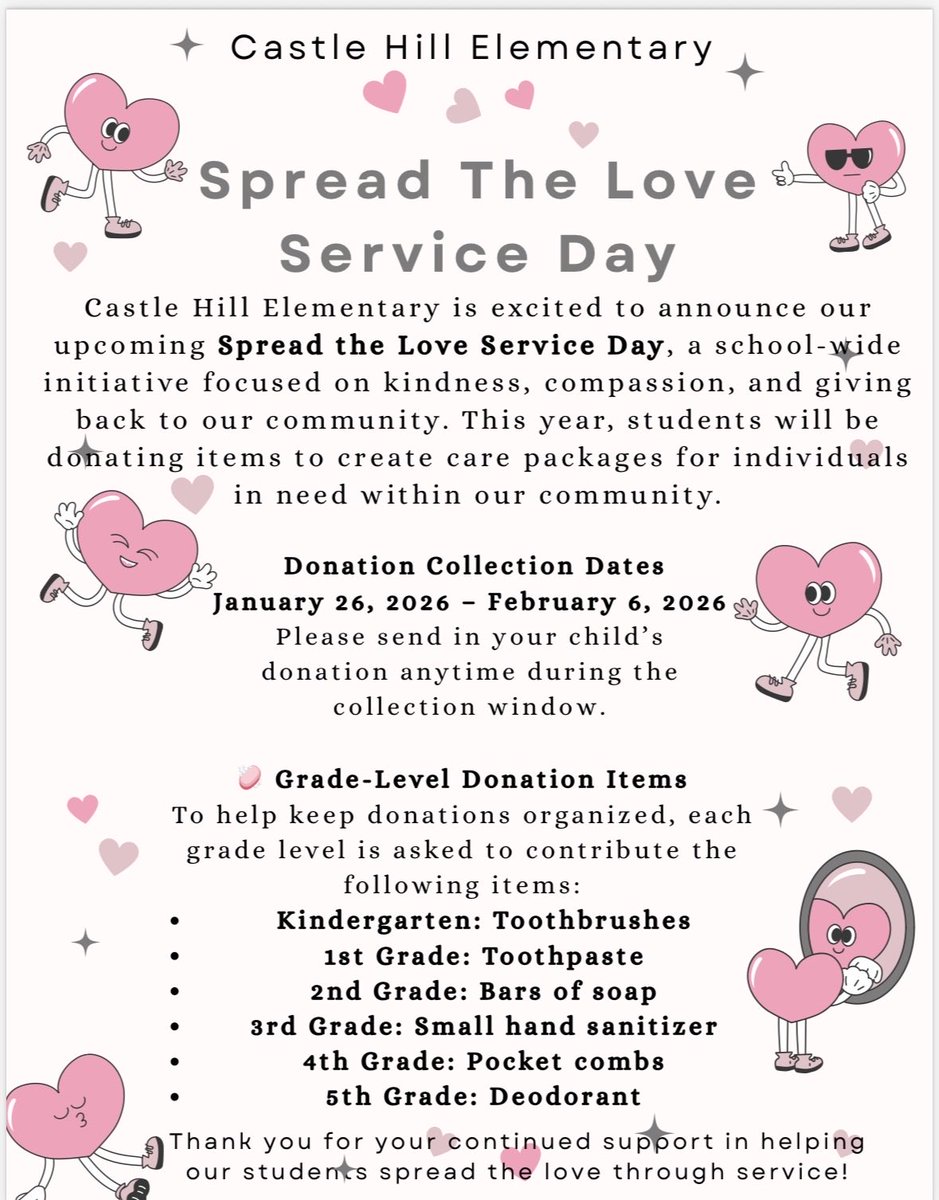 CastleHillElem's tweet photo. Our Day of Service &amp; Love Project was a huge success! ❤️ We collected items to create care packages for organizations in need. Big thank you to our amazing school counselor Mrs. Robertson for leading the way! So proud of our Cavaliers!  @BcpsSto https://t.co/EPvV27nkNo