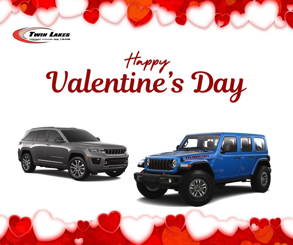 TwinLakesCDJR's tweet photo. This Valentine’s Day, find the one you’ll both fall for ❤️

Rugged Wrangler.
or
Luxurious Grand Cherokee.

Why not Both? Your perfect pair is waiting at Twin Lakes CDJR.

#TwinLakesCDJR #Jeep #ValentinesDay https://t.co/h3xXEDYeep