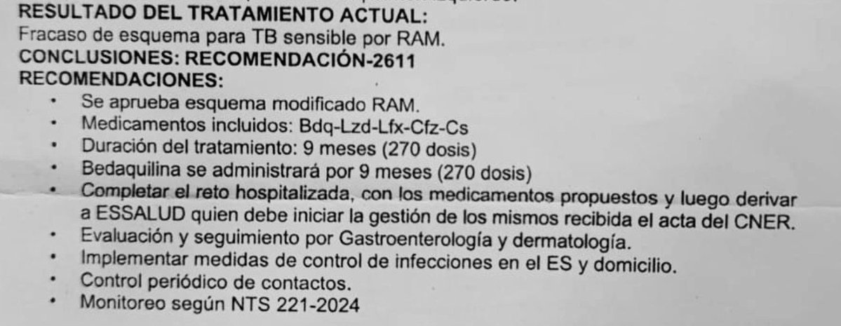 #DenunciaCiudadana #URGENTE #TBC <a href="/EsSaludPeru/">EsSalud Perú</a> <a href="/SuSaludPeru/">SUSALUDPerú</a> 

La enfermera Y.C.U (33) que labora en el Hospital Hipólito Unanue, en el área de neumología, fue diagnosticada con TBC resistente. Inicialmente fue hospitalizada y recibió medicación en este hospital, sin embargo al