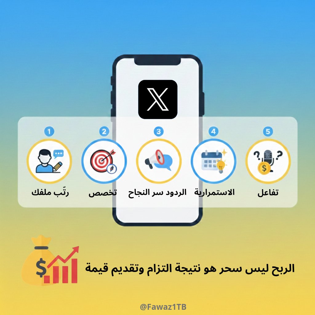💡عشان تزيد متابعينك وتبدأ تربح من 𝕏 (حتى لو حسابك صغير 🤏)
اتبع هالنظام:

​1️⃣ رتّب ملفك 👤:
صورة واضحة ووصف محدد للي تقدمه 📝

2️⃣ تخصص 🎯:
اختر مجال واحد (تقنية، رياضة، تجارة) ولا تشتت نفسك 🧭

3️⃣ الردود سر النجاح 💬:
رد على الحسابات الكبيرة بتعليقات مفيدة بتجيب لك ناس أكثر من