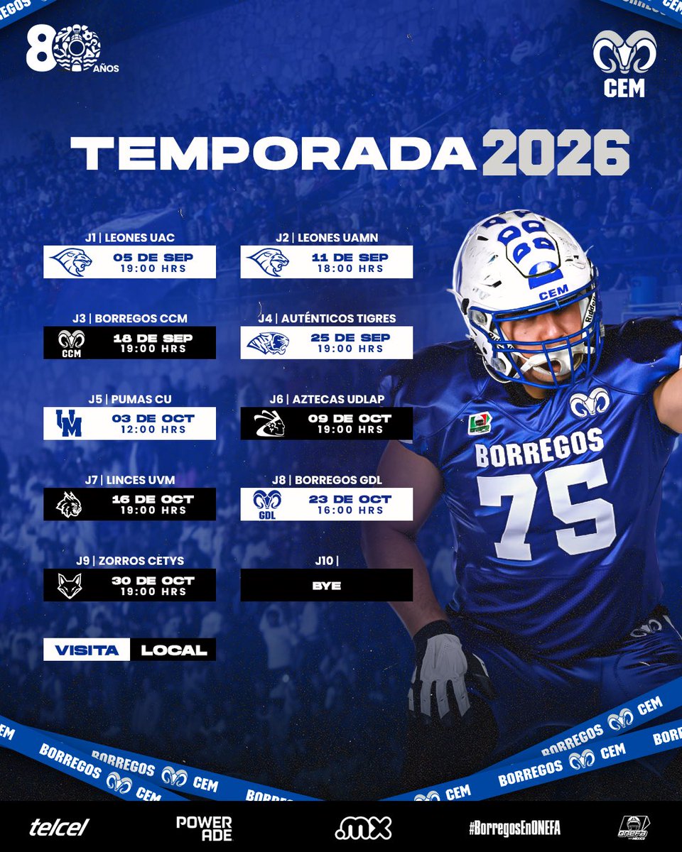 BorregosCem's tweet photo. IT'S FINALLY THAT TIME OF THE YEAR 🔥🗣️ Les presentamos nuestro calendario oficial de la Temporada 2026 Mayor de ONEFA 🏈🐏

#BorregosCem #BorregosEnONEFA #TecCEM #Tec #TecCemDuro https://t.co/d5SYypFp0t