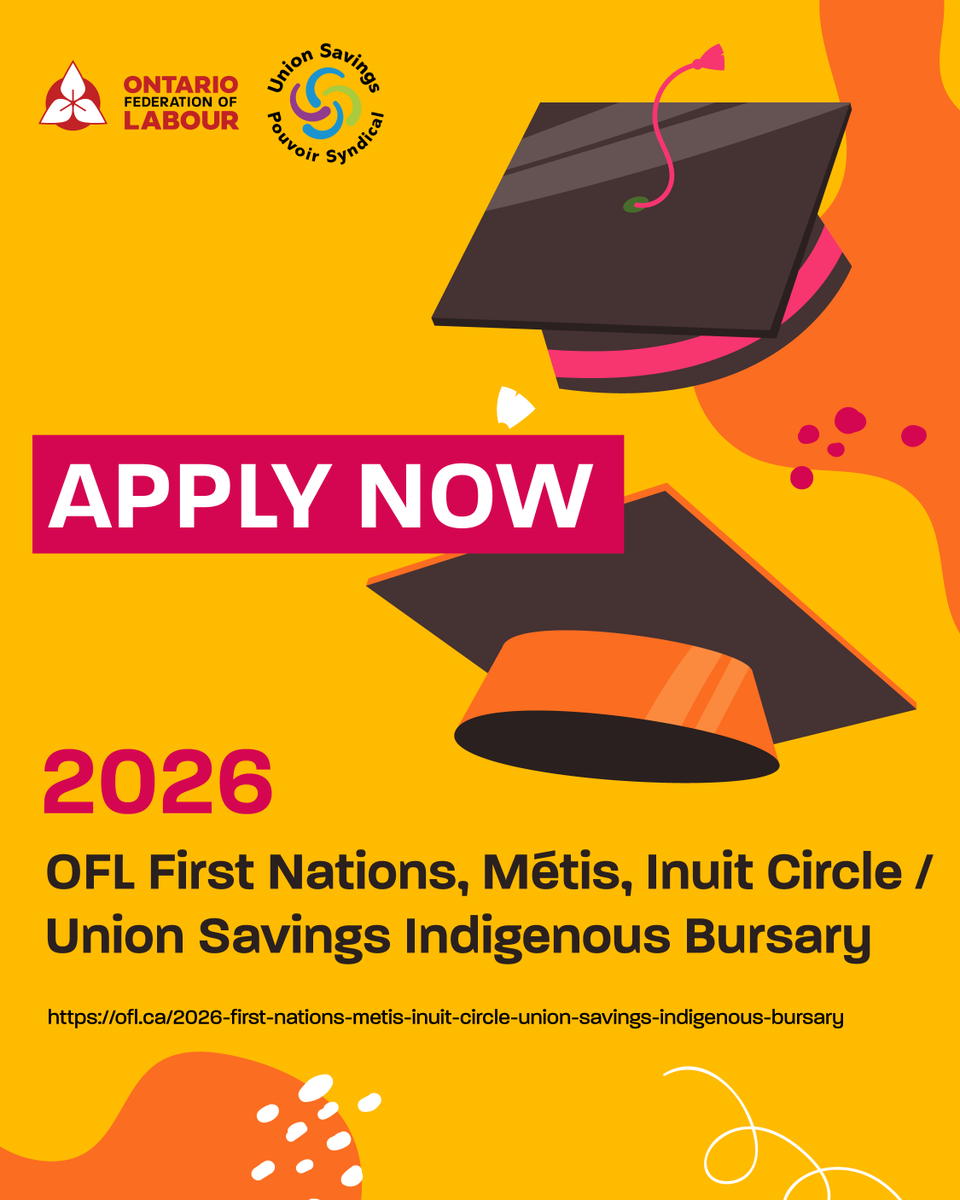 OFLabour's tweet photo. At the OFL, we know that a good, unionized job is the best way to provide a safe and stable life for Ontarians. We believe that true reconciliation must go beyond words and acknowledgements and move to action. This must involve work to support the education of Indigenous youth.

To this end, the OFL First Nations, Métis, Inuit Circle / Union Savings Indigenous Bursary has been established to support Indigenous students to pursue post-secondary education, as a pathway to meaningful work, careers, and activism in the labour movement.

Apply now: https://t.co/g4MM2sORn2