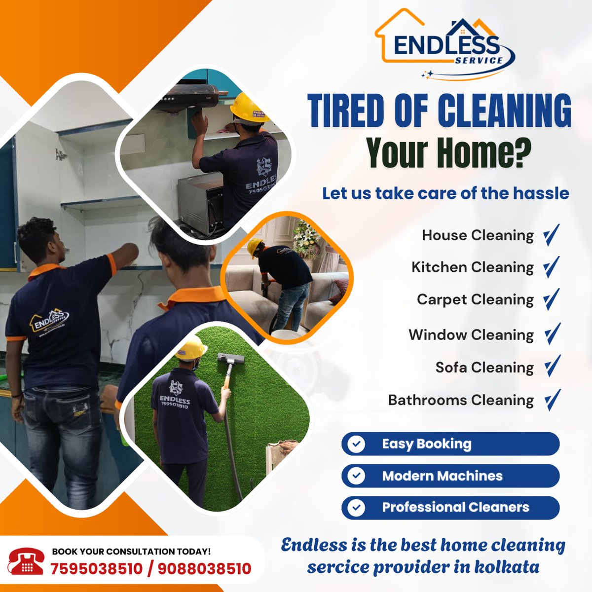 endless_service's tweet photo. Tired of spending your weekends cleaning?
Let the professionals handle it while you relax.
From kitchen grease to dusty sofas and sparkling bathrooms, we make your home fresh, clean, and hygienic.
✔ House Cleaning
✔ Kitchen Cleaning

7595038510 
#HomeCleaning #CleaningService https://t.co/BQSkxazFDb