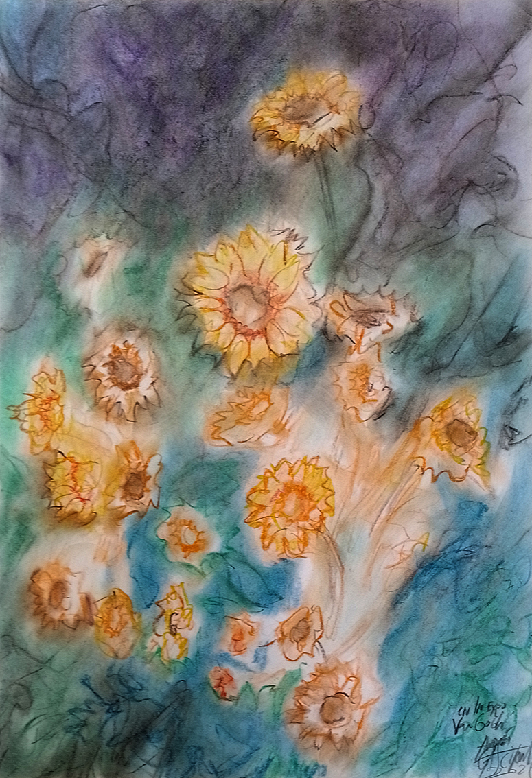 "Girasoles" 
Por Andrés Casciani realizado en vivo en exposición sobre  Vincent van Gogh (Espacio Arizu, Mendoza, 11-2-26)
- Tiza pastel sobre papel - 32 x 46 cms
*Obra disponible: compras y consultas por mensaje privado o al mail andrescasciani@gmail.com
andrescasciani.com