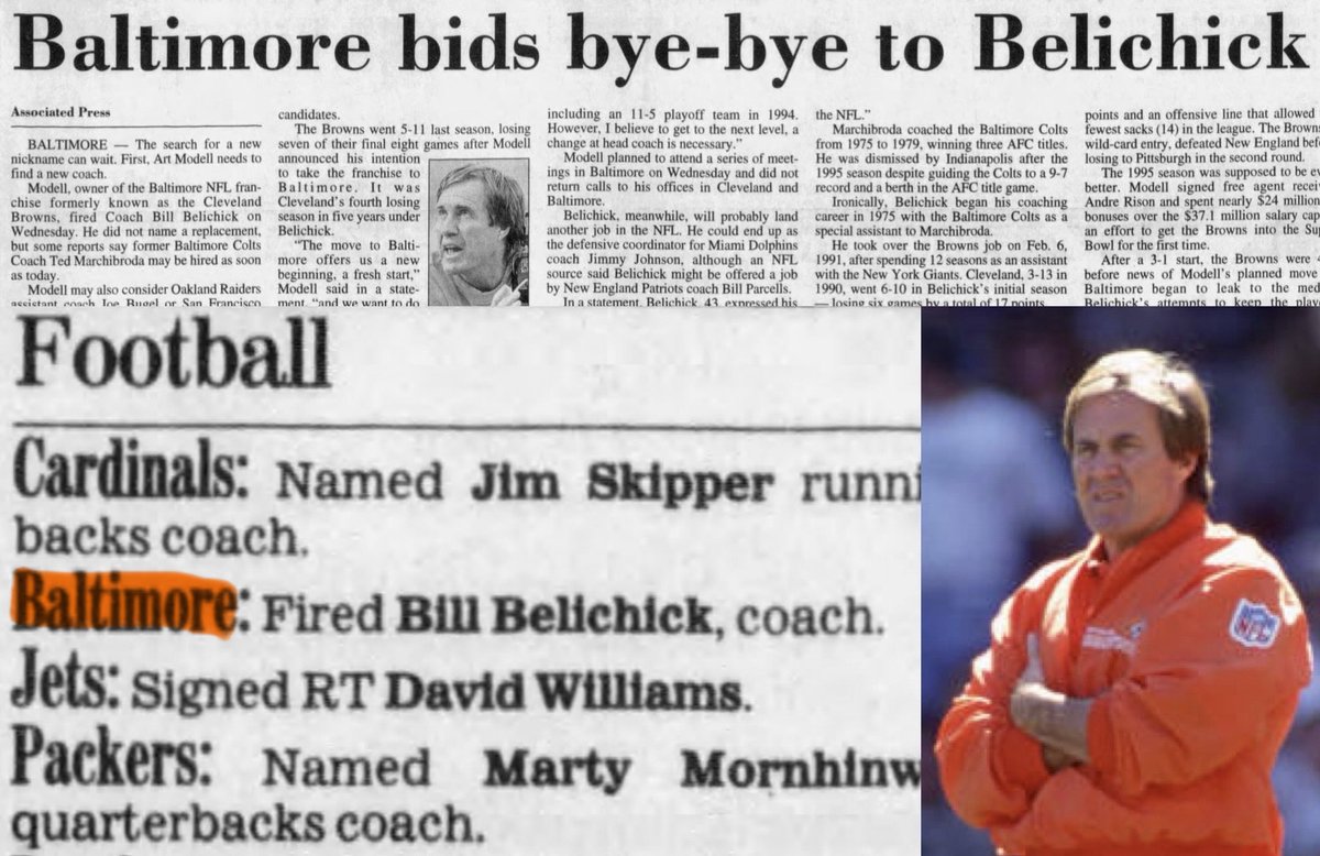 MrCleveland_216's tweet image. February 14, 1996: RAVENS Fire Belichick🏈

Setting the record straight once and for all…

Baltimore Ravens fire future 6x Super Bowl winner Bill Belichick as their head coach 

(NOT the Browns)

• November 1995: NFL announced franchise move
• February 1996: Belichick fired