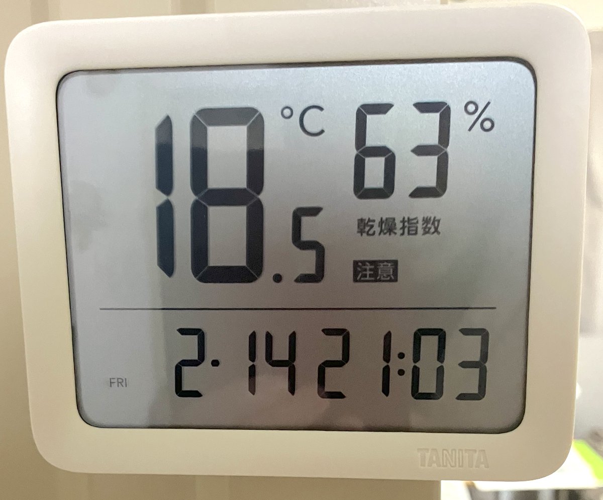 結露が気になって温湿度計を買ったんですが、エアコン入れると湿度が下がるのがわかる。エアコンなしだとだいたい室温12度、湿度70パーセントくらい。
換気扇使わないで料理してると８０%行くこともある。
換気と除湿に気をつけよう。