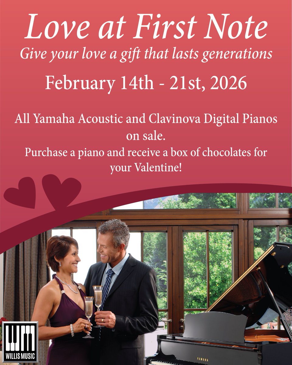 Fall in love with the perfect piano this Valentine’s Day.
All Yamaha Acoustics (uprights &amp; grands) and Clavinova are on sale—and every piano purchase comes with a box of chocolates for your Valentine! 🍫🎶