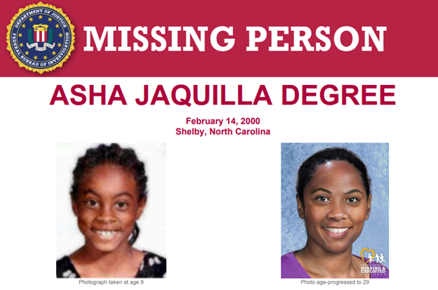 FBIMostWanted's tweet photo. The #FBI offers a reward of up to $50,000 for info leading to the arrest & conviction of those responsible for Asha Degree's disappearance. She has been missing from her home since February 14, 2000, and was last seen walking along North Carolina Highway 18 in Shelby, North Carolina: https://t.co/4sOidna662
