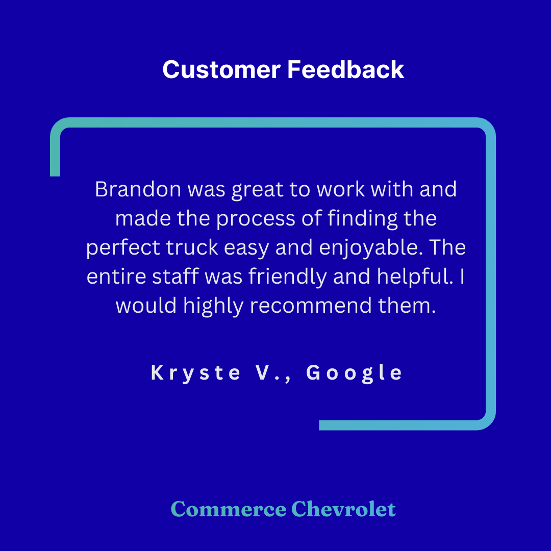 Commerce_Chevy's tweet photo. We are happy to hear your truck shopping experience felt easy, enjoyable, and well supported throughout, Kryste. Friendly teamwork and clear guidance are priorities for us, and your recommendation means a great deal to our entire staff. https://t.co/ypE5zTlakK