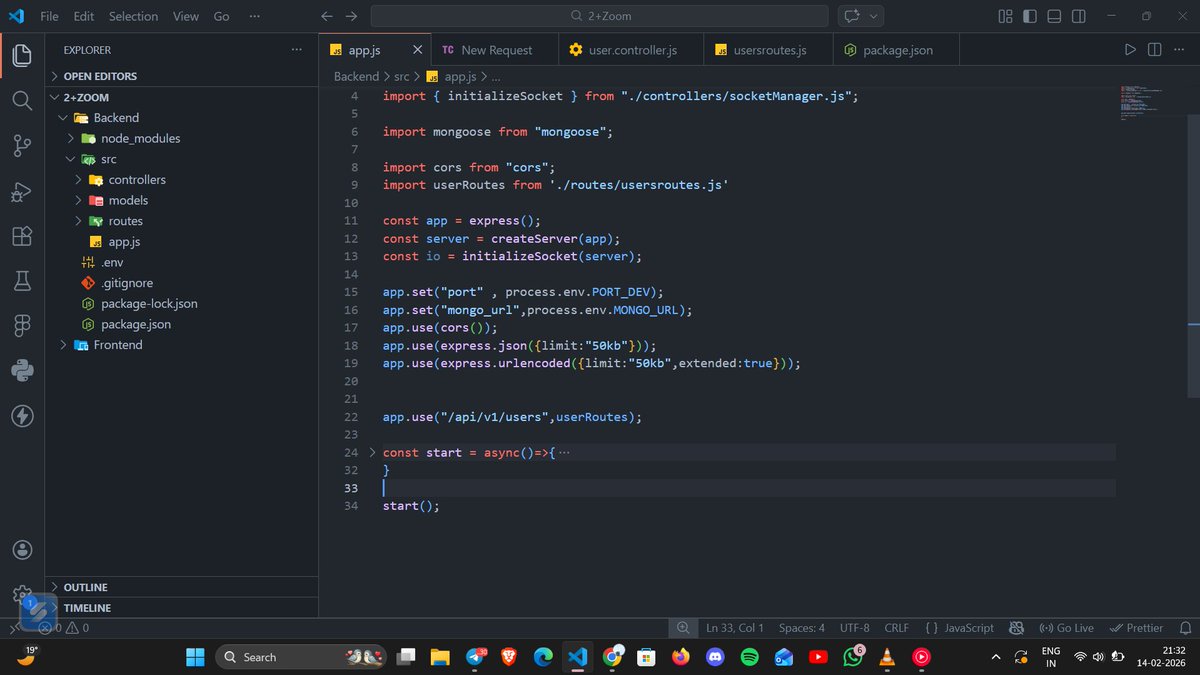 _Somansu's tweet photo. Started building a Zoom clone ! ! writing the backend first....following the good practices🫡 https://t.co/A9IIG9AMWX