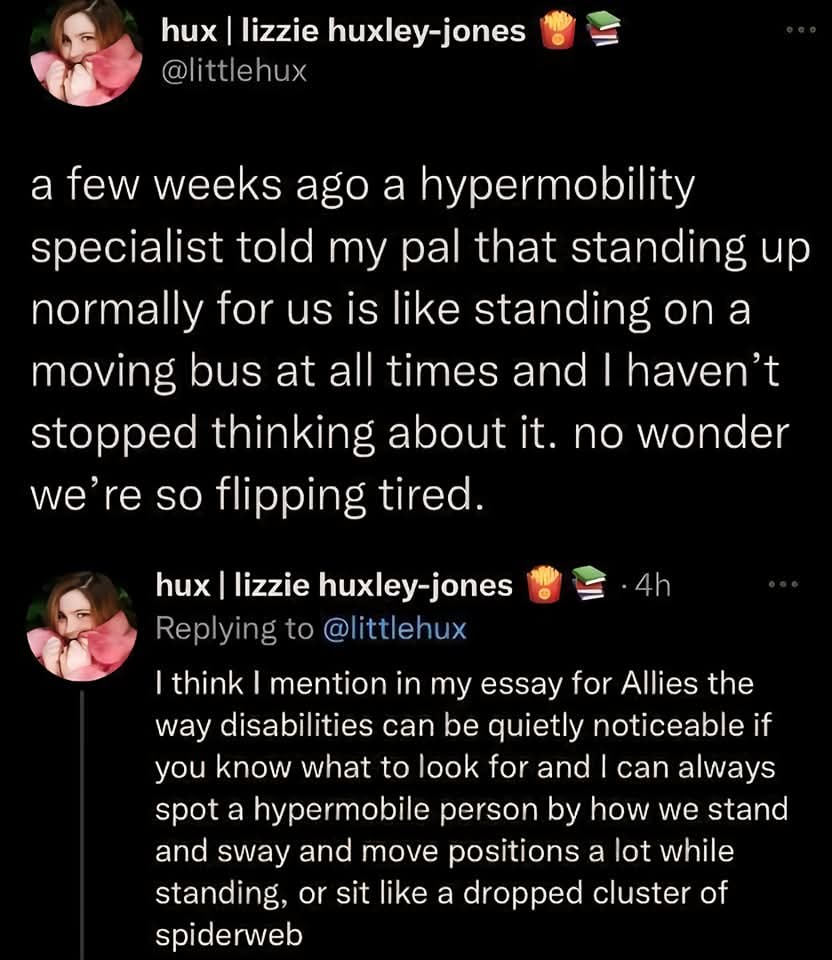 globetrotteri's tweet image. "A few weeks ago a hypermobility specialist told my pal standing up normally for us is like standing on a moving bus at all times. I haven't stopped thinking about it. No wonder we're so flipping tired."@littlehux

#EDSAwareness #HypermobilitySpectrumDisordern #MySeveralWorlds
