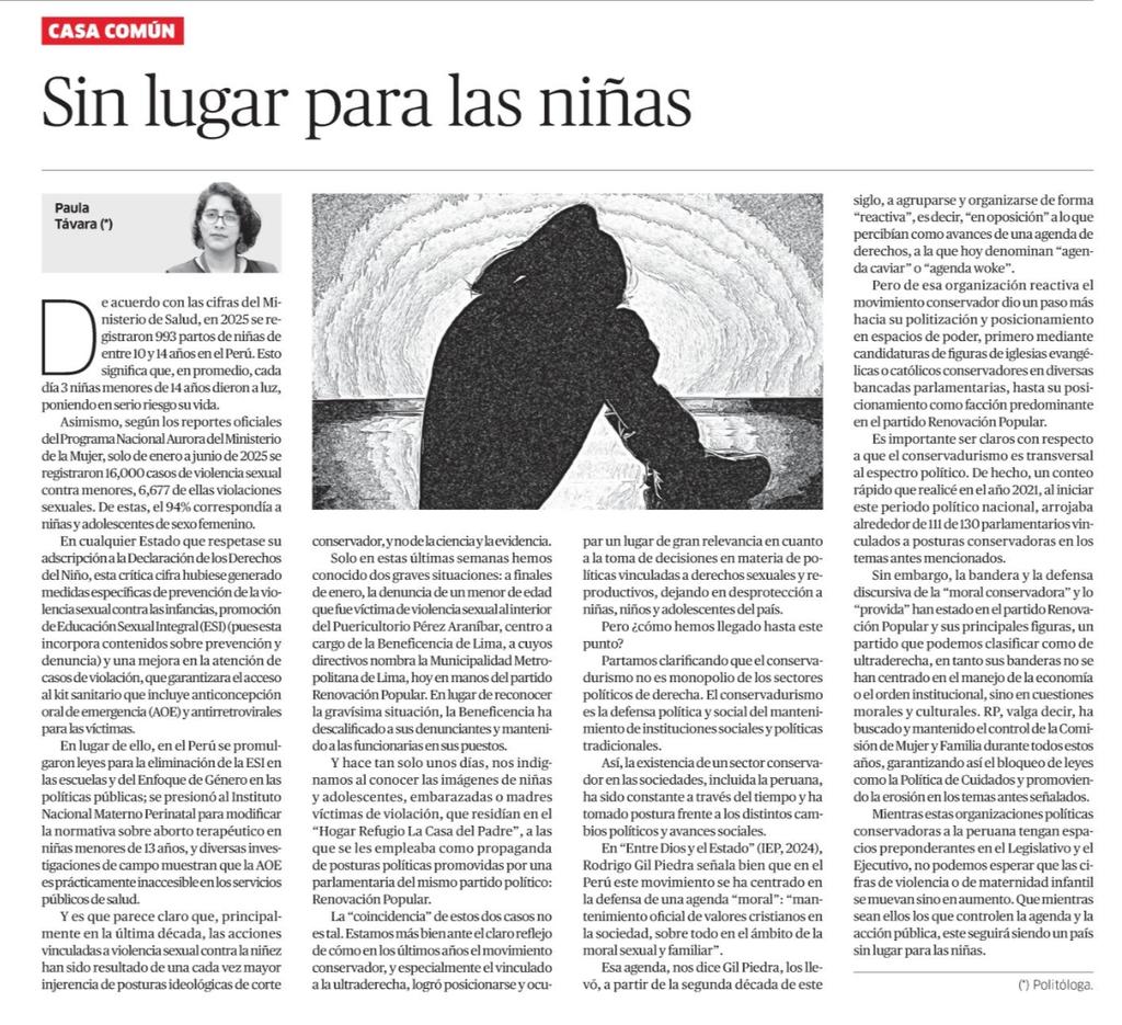 Cada día, 3 niñas menores de 14 años dan a luz en nuestro país.
Esto no es casual, es producto de estructuras sociales y politicas promovidas por grupos religiosos y políticos ultraconservadores que ganan predominancia en el Perú.
Mi columna hoy en <a href="/larepublica_pe/">La República</a> 
#NinasNoMadres