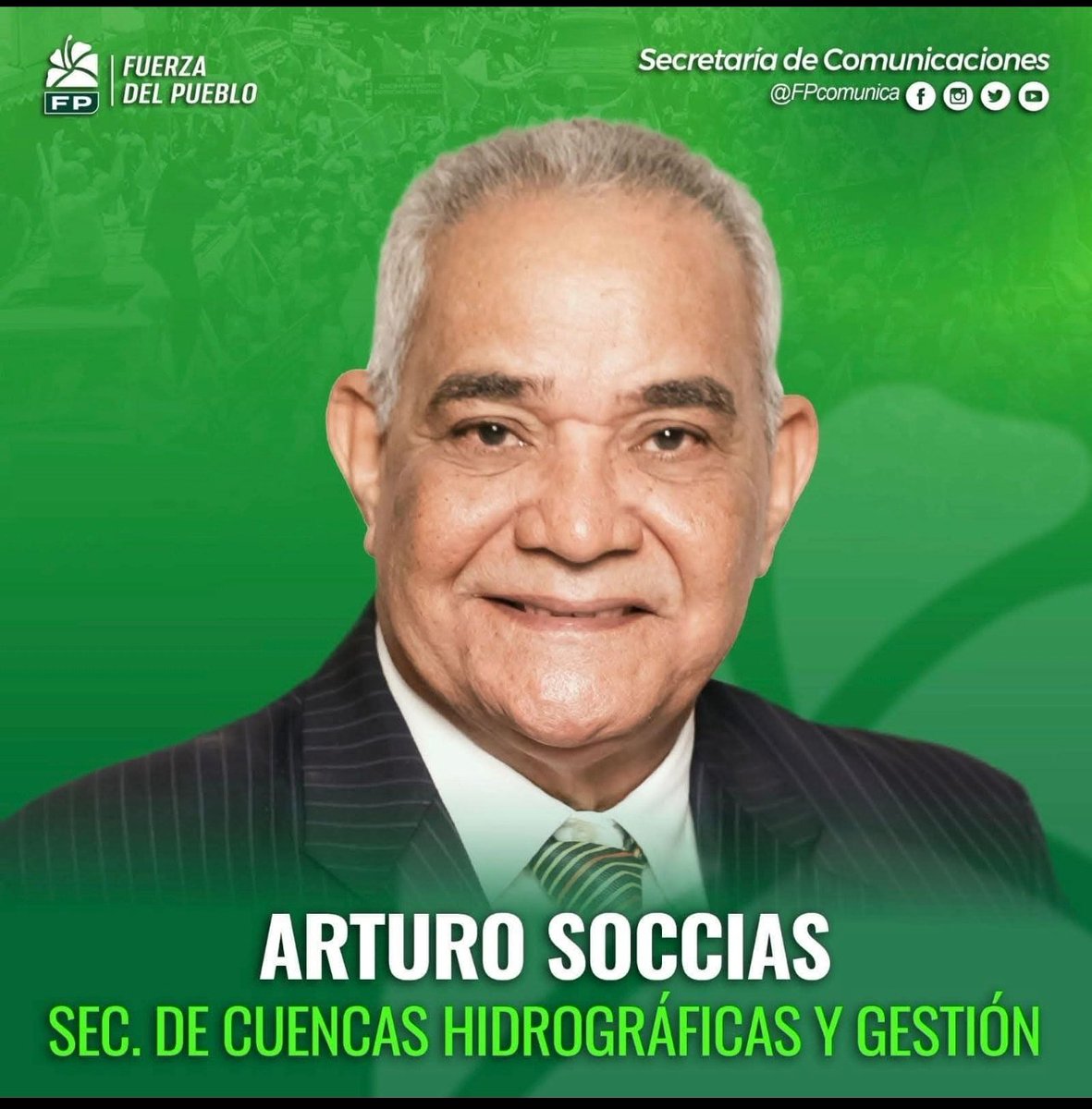 Felicitamos la creación de la Secretaría de Cuencas Hidrografíca y Gestión del partido <a href="/FPcomunica/">@Fuerza del Pueblo (FP)</a> y la escogencia del Ing. Arturo Socias como su secretario titular , que se enfocará en la gestión del agua y el territorio. Su objetivo es diseñar las promesas y planes de gobierno