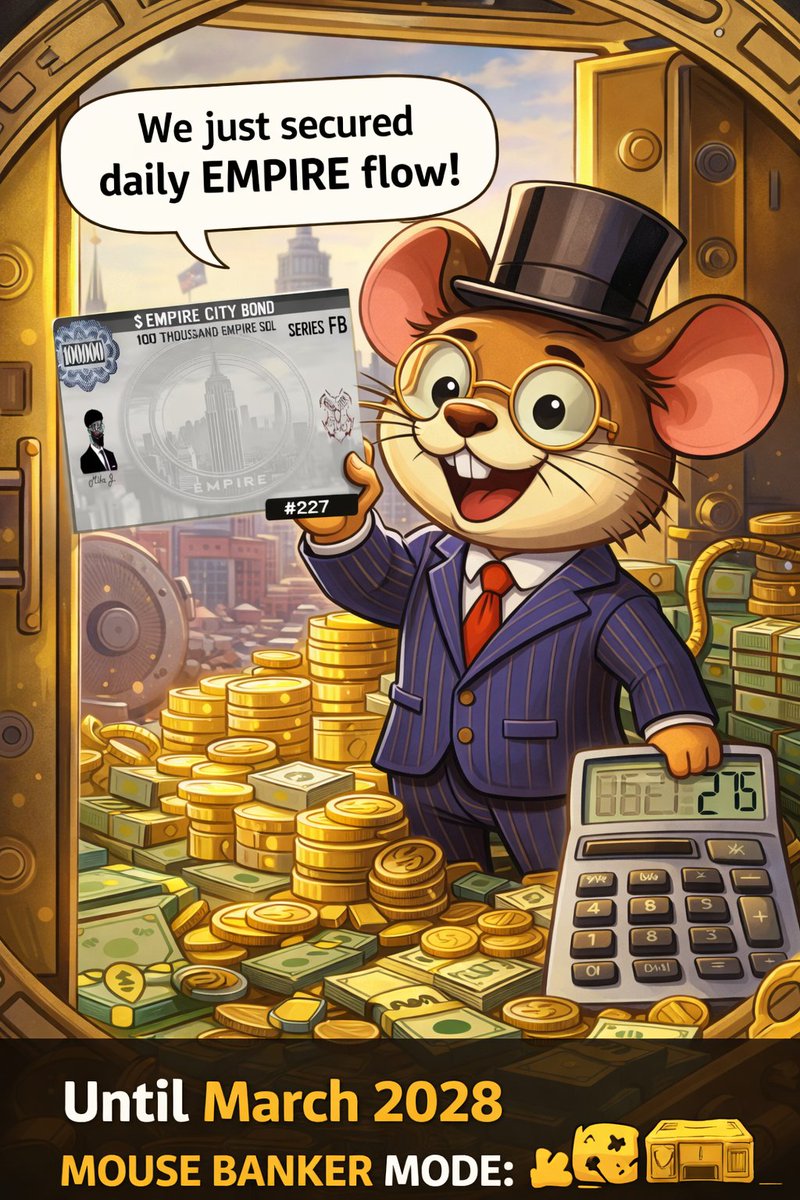 narrrf12345's tweet image. 🧀 THE LAB JUST SECURED @Omerta_SOL FLOW 🧀

We just minted #Empire City Bond Series FB #227

📜 100,000 $EMPIRE Face Value
💰 275 $EMPIRE per day
⏳ Until March 15th, 2028
That’s long-term passive fuel flowing into the mouse ecosystem.
Not hype.
Not short-term flips.
Strategic