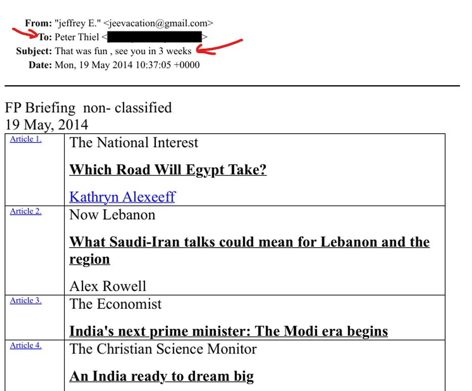 ⚠️That was fun see in three weeks. An Email sent to Peter Theil by Jeffery Epstein.
<a href="/peterthiel/">Peter Thiel</a> what's going on here?
