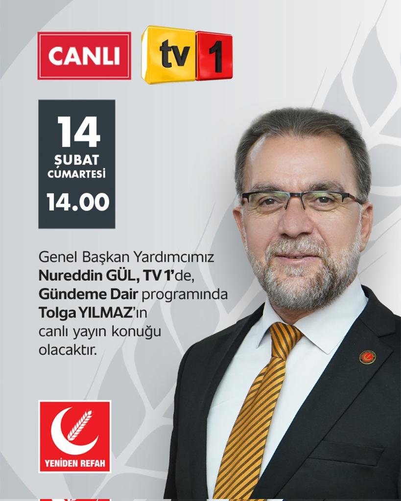 Genel Başkan Yardımcımız Nureddin Gül, TV1'de Gündeme Dair programında Tolga Yılmaz'ın canlı yayın konuğu olacaktır.

📅 14 Şubat Cumartesi (Bugün)
🕐 14.00
📡 TV1
