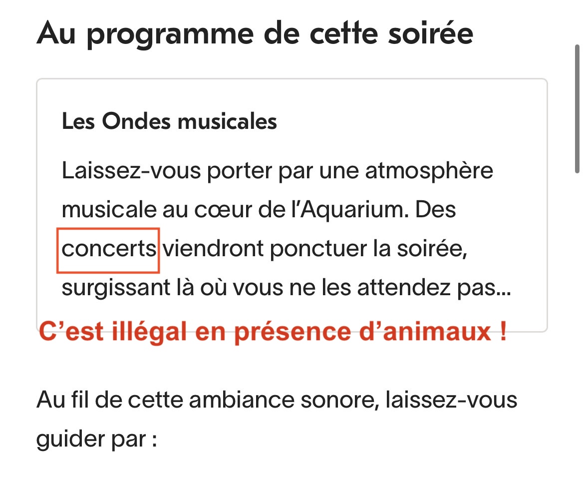 😱#SaintValentin : Un concert doit se dérouler ce soir à l'Aquarium Tropical de la Porte Dorée de #Paris, lieu sous la tutelle du <a href="/gouvernementFR/">Gouvernement</a>.
Ce qui est contraire à la loi adoptée en 2021.

🔴PAZ a alerté le <a href="/Ecologie_Gouv/">Min. Ecologie Territoire Transports Ville Logement</a> qui a réagi en alertant <a href="/Interieur_Gouv/">Ministère de l'Intérieur</a> <a href="/prefpolice/">Préfecture de Police</a>.