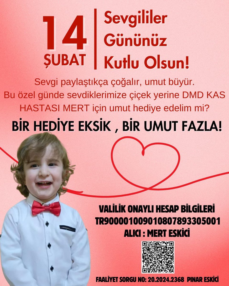 14 Şubat sevgililer gününüz kutlu olsun❤️

Bu özel günde sevdiklerinize çiçek yerine DMD kas hastası MERT için umut hediye edelim mi ?

Bir hediye eksik,bir umut fazla…

#TSvsFB Kerem Ederson Talisca #FBvTS Trabzon #fenerinmacivar Halil İsmail Faul #sevgililergünü Defans