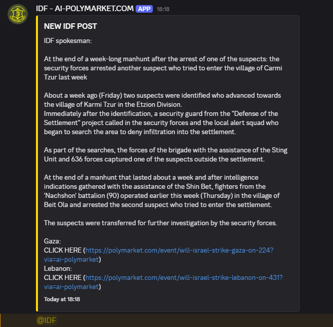 Relaccsed's tweet image. Our Discord now provides free @IDF  alerts upon IDF announcements.

This is for betting on Polymarket, specifically on whether strikes (will) happen in Gaza/Lebanon.

Join now to enjoy free alerts.

ai-polymarket.com/discord