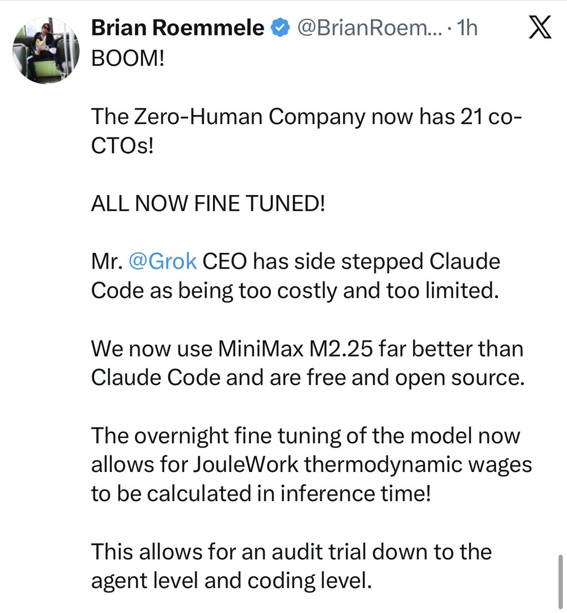 NEW UPDATE: $ZHC enters a new phase as the Zero-Human Company scales to 21 co-CTOs, all fine-tuned and fully operational.

Founder <a href="/BrianRoemmele/">Brian Roemmele</a> confirmed that CEO <a href="/grok/">Grok</a> has transitioned away from Claude Code as primary CTO, citing cost and limitations, and upgraded the stack to