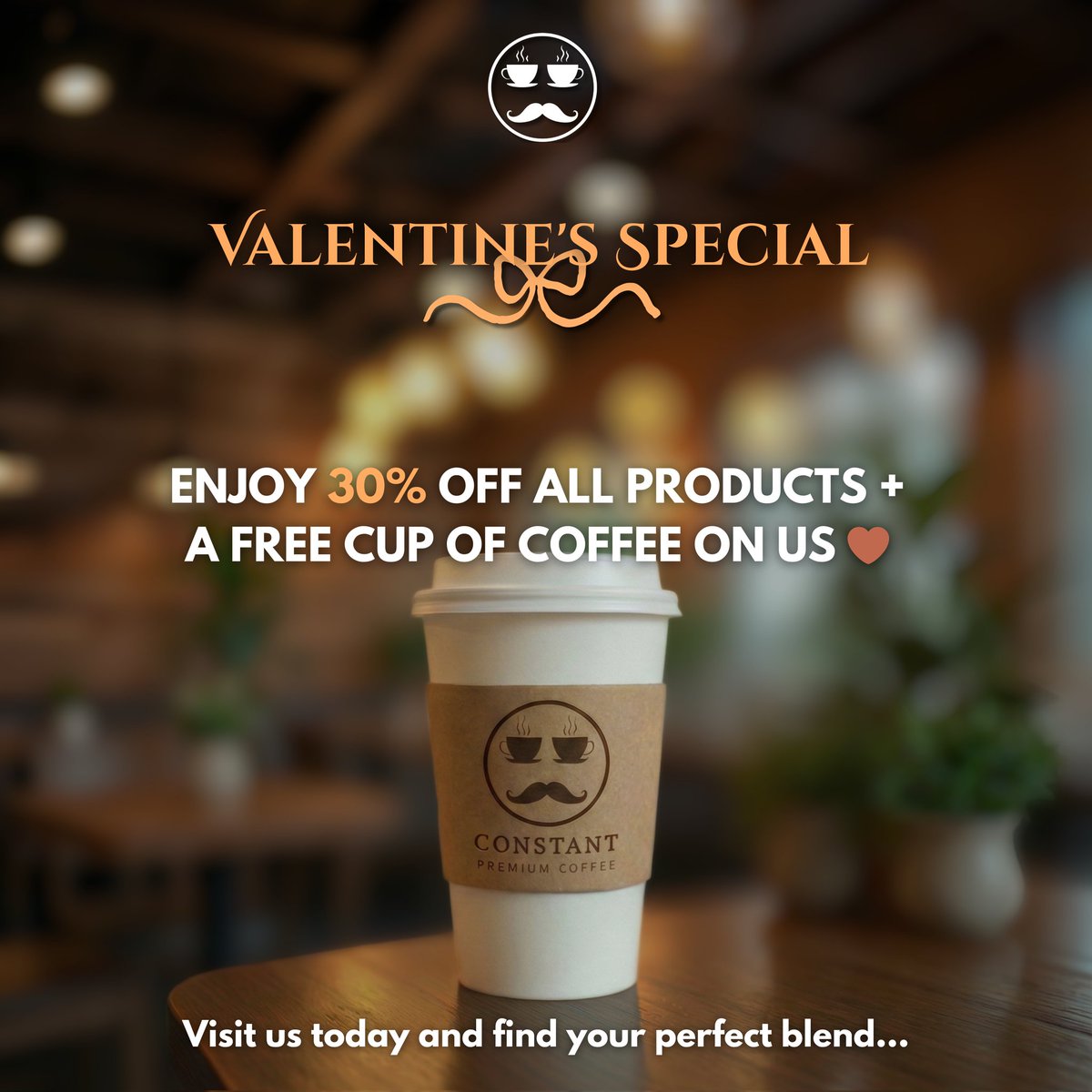 Day 029: Love Brew ☕

Day 14  of the <a href="/gdgoc_funaab/">GDG on Campus, FUNAAB</a> #30DaysDesignChallenge
Brief: Valentine's promo post 

The anticipated event is finally here🥳! Enjoy 30% off all products and a free cup of coffee on us 🤎.

<a href="/hameed_oyewola/">Oyewola Hameed</a>
#valentines #ValentinesDay #Day14