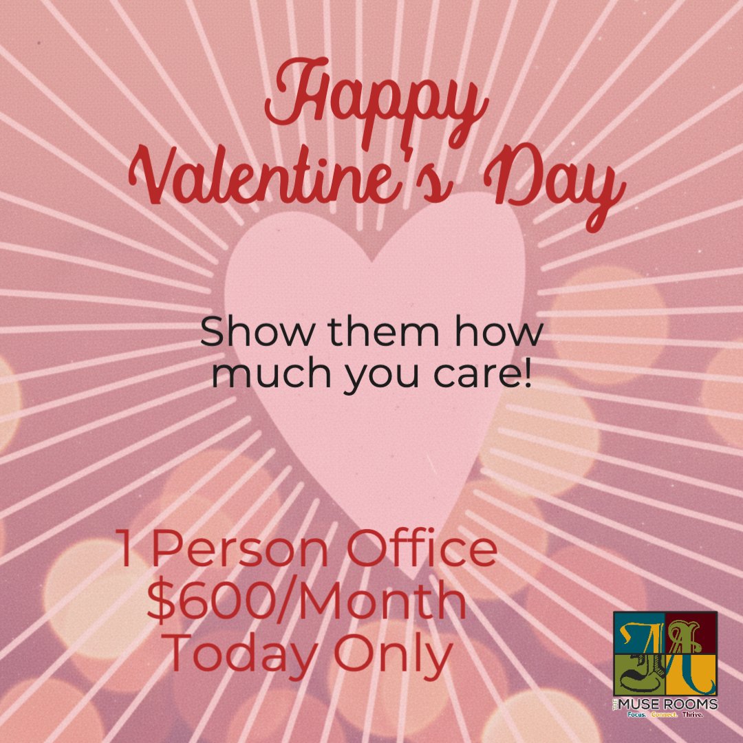 Happy Valentine's Day! Today is the perfect opportunity to show your love. Today Only get a 1 person office for ONLY $600/month for up to 6 months. Spread love and appreciation to everyone around you. #ValentinesDay #SpreadLove #ShareTheLove #LoveIsInTheAir 💕 Call 818-823-4717