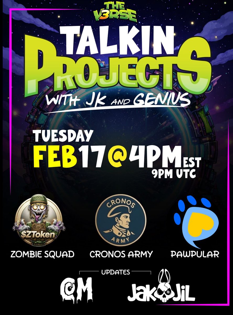 🎙️ Talkin’ Projects hosted by <a href="/ElRealGenius/">GENIUS</a> &amp; <a href="/JKCryptoXYZ/">JK | 212 | 🦁</a> 

🛠️ We're giving builders the mic.  

📅 Tuesday · 9 PM UTC (4PM EST)  

x.com/i/spaces/1kvKp…

Pull up!  

Special guests: 
<a href="/PawpularApp/">Pawpular</a> 
<a href="/CronosArmy212/">Cronos Army</a> 
<a href="/ZombiesQuadnFts/">Zombie Squad Nfts</a> 
<a href="/jaknjilmh/">JAK n JIL</a> 
<a href="/CrazzzyMonsters/">Crazzzy Monsters | Gen2 on @Cryptocomnft |</a>
