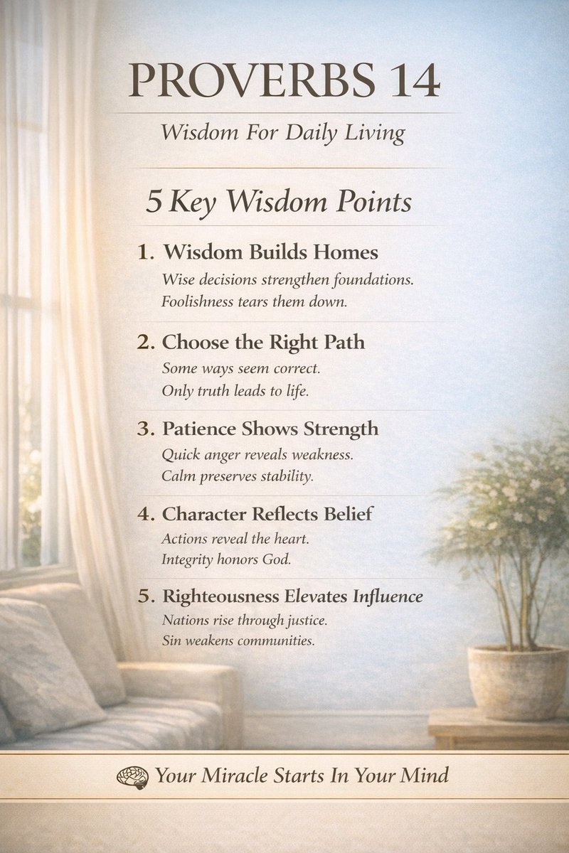 GarronT's tweet image. Proverbs 14:

Not every path that looks right leads to life.

Wisdom builds homes.
Anger weakens strength.
Integrity elevates influence.

Your daily decisions determine your destiny.

Choose truth over appearance.

🧠 Your Miracle Starts In Your Mind

#Proverbs14 #Leadership