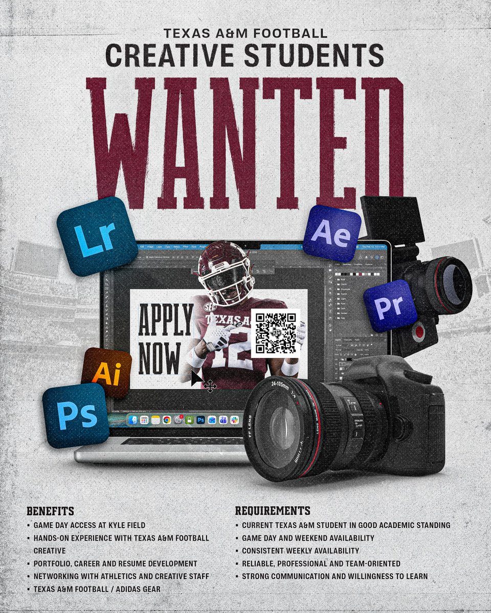 AggieFootball's tweet photo. Come join the Aggies👍

📸 Photo
🎥 Video
🎨 Design
📲 Social

The creative team behind @AggieFootball is now hiring creative students.

Scan the QR code or hit the link to apply today! ⤵️
https://t.co/06o6FdYZcy https://t.co/3MnRAfV4am