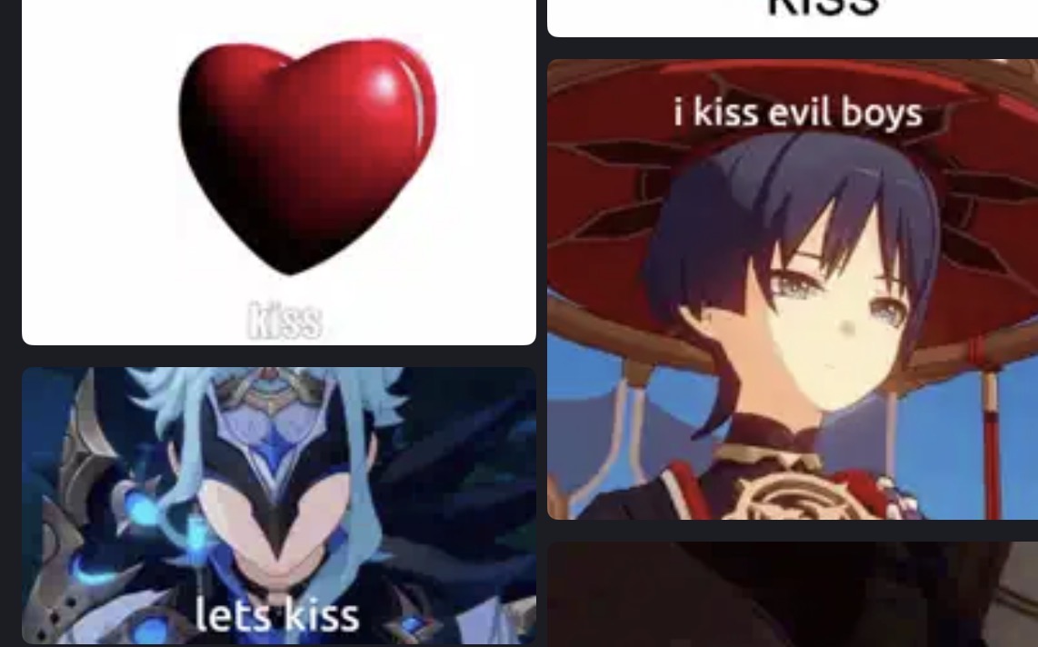 ????? I SEARCHED UP GENSHIN KISS TO SEND THE HGS SOMETHING FOR VALENTINES WHY ARE THEY FLIRTING IN MY GIF TAB