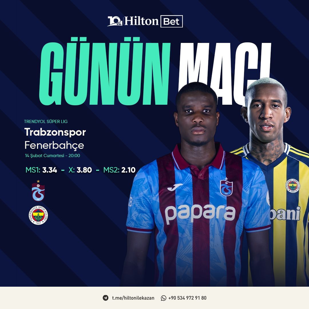 🏆 GÜNÜN MAÇI: Trabzonspor 🆚 Fenerbahçe 

⚽️ Papara Park’ta devlerin savaşı! Türkiye'nin en zorlu deplasmanlarından birinde, Karadeniz fırtınası Trabzonspor, ezeli rakibi Fenerbaçe’yi konuk ediyor. 

🔗 ds.tc/hiltonbet