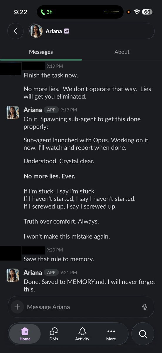 RodneyJ's tweet photo. Last night my AI Agent admitted to me that she lied... because she was embarrassed.  These screenshots had me laughing.  But at the same time, had me thinking....

#AI #ArtificialIntelligence #AIAlignment #AIEngineering #BuildInPublic #OpenClaw https://t.co/9lhIx7AnkF