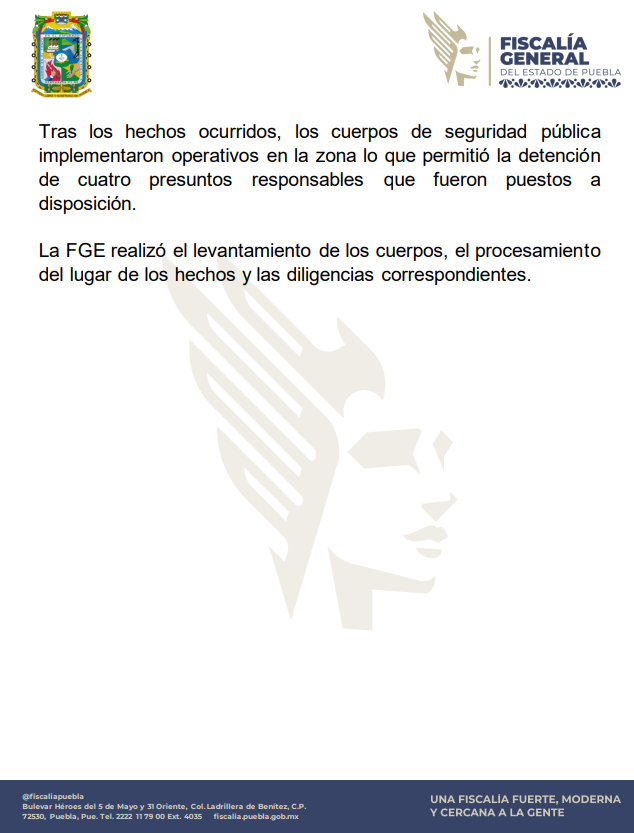 🚨 La <a href="/FiscaliaPuebla/">FGE Puebla</a> abrió una carpeta de investigación por el homicidio de tres personas en un presunto ataque directo ocurrido la madrugada de este sábado afuera de la Sala de Despecho en la zona de #Angelópolis. 

En el lugar fue localizada una camioneta Mercedes Benz blanca,