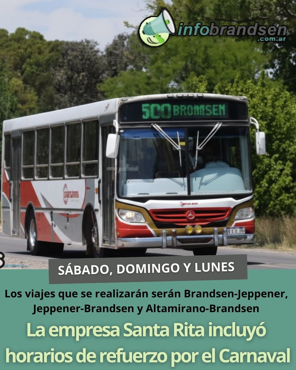 La empresa Santa Rita incluyó horarios de refuerzo por el Carnaval

A través de sus redes sociales, la Comuna dio a conocer el cronograma de servicios que prestará la empresa de transporte, debido a los Carnavales.

+Detalles👇👇

infobrandsen.com.ar/2026/02/14/la-…
