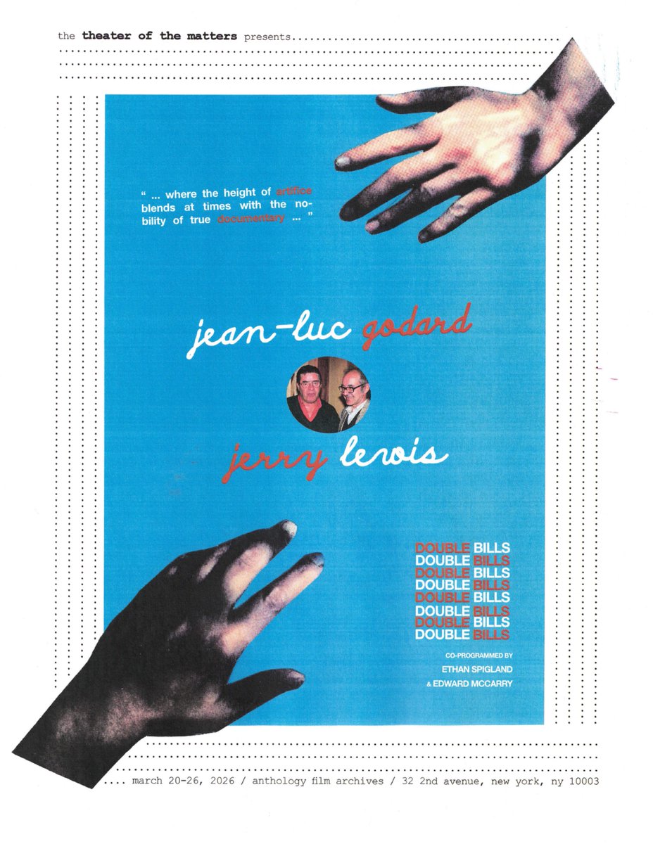 Coming up:

March 13 &amp; 14 // Films by Paulo Rocha &amp; Sumiko Haneda at <a href="/js_film_nyc/">Japan Society Film</a> &amp; Light Industry

March 20-26 // Jerry Lewis &amp; Jean-Luc Godard double features <a href="/AnthologyFilm/">Anthology Film Archives</a>