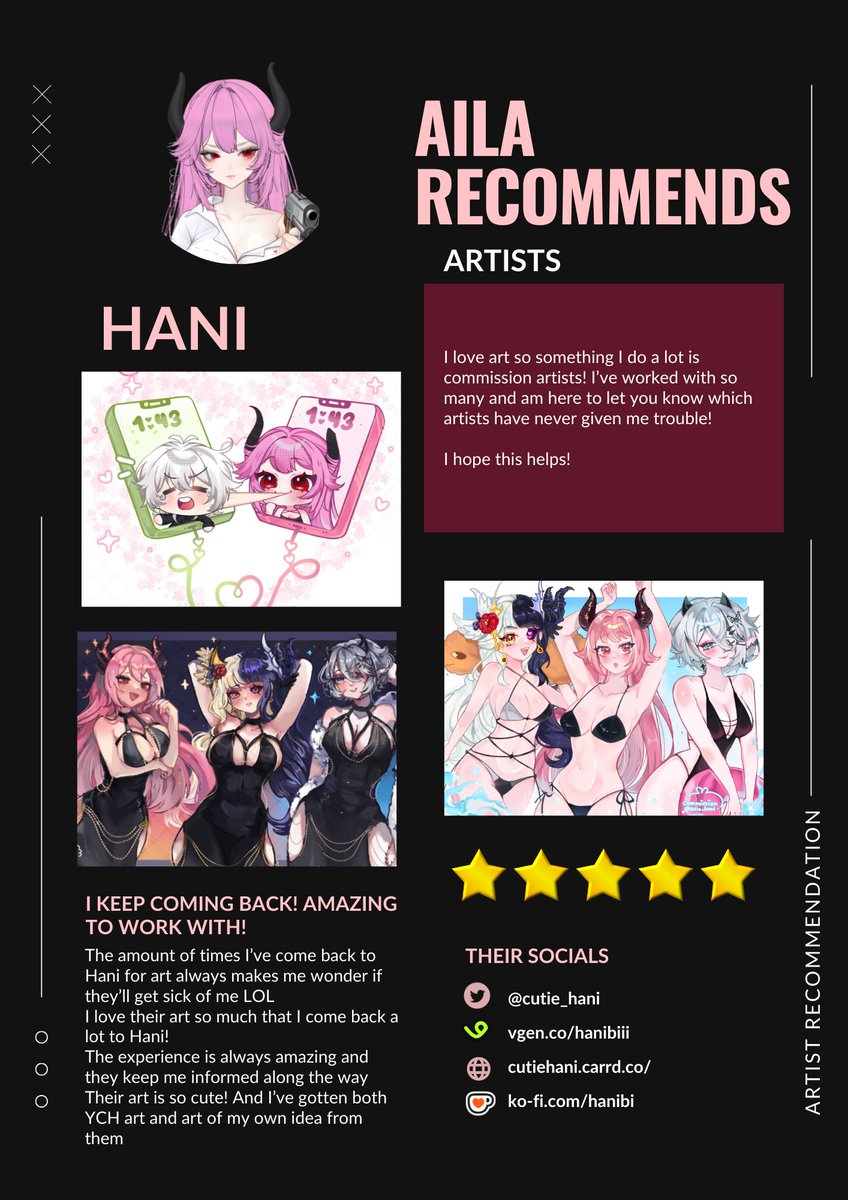 Another artist I've worked with and had no issues with iiiiiis

<a href="/cutie_hani/">˚ʚ hani ɞ˚ CLOSED</a> 

I've come back again and again for art from hani! But I only gave myself three places to show art here