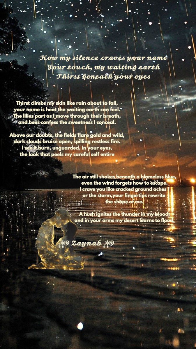 ̥୭

How my silence craves your name
Your touch, my waiting earth
Thirst beneath your eyes

Thirst climbs my skin like 
rain about to fall,
your name is heat the waiting 
earth can feel.

The lilies part as I move through 
their breath, and bees confess..

#AHushThatBecomesThunder