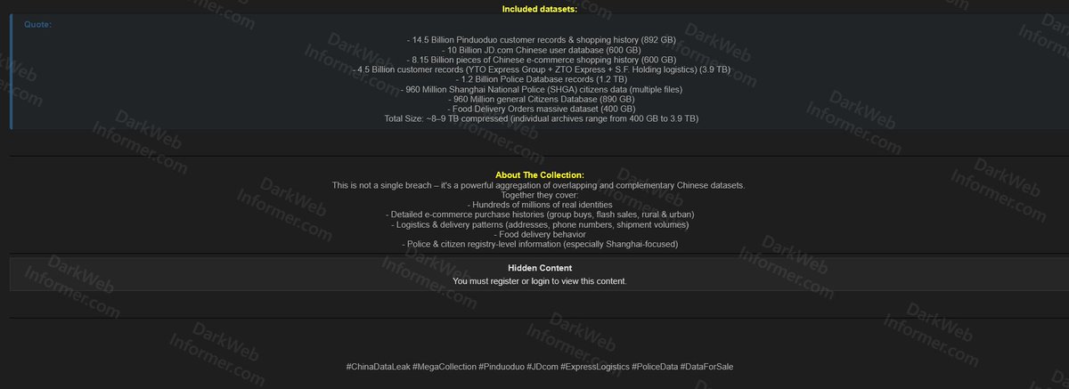 ‼️🇨🇳 A threat actor claims to have leaked an aggregated database ...