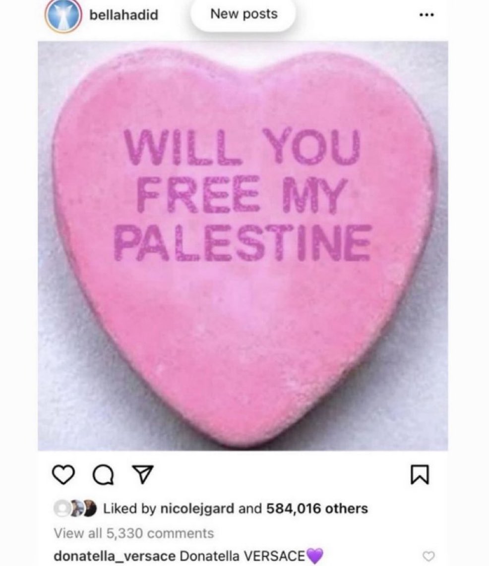 Bella Hadid’s Valentines post on Instagram:

“Will you Free my Palestine”