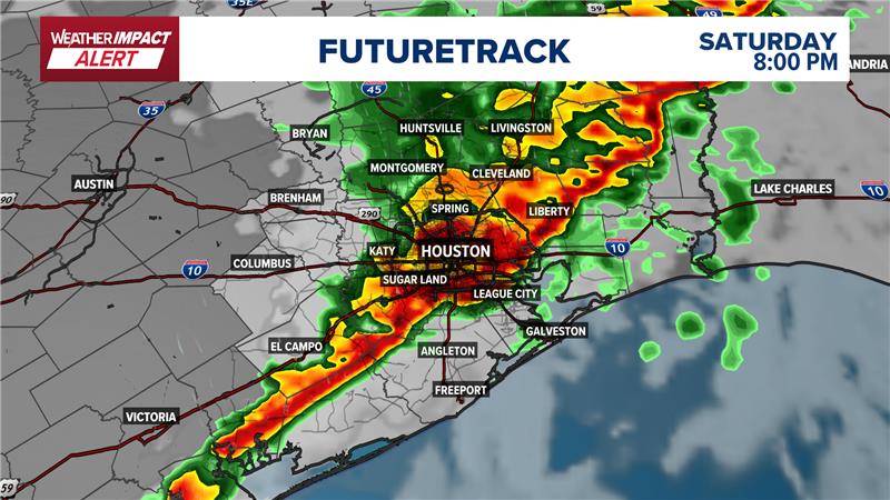 KHOU's tweet photo. WEATHER IMPACT ALERT | We're tracking the possibility of strong to severe storms this evening that could produce damaging winds and even tornadoes.

Latest timeline and what to expect: https://t.co/02YJv9rQAL https://t.co/HvJlxiZ3NZ